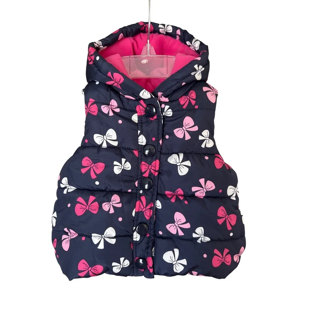 Gymboree girls'‎ hooded puffer vest blue pink bows pink fleece lining 12-24 mths
